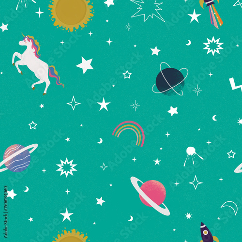 Cute Seamless pattern with space elements. Cartoon style wallpaper with colorful cosmic stars. Children's background with hand-drawn constellation.