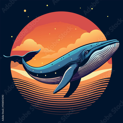 Whale breaching at sunset in vibrant ocean scene with colorful sky and waves Generative AI