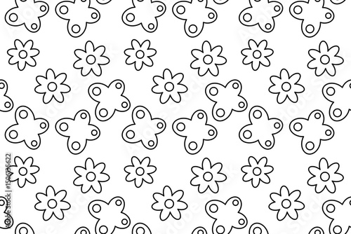 Floral seamless pattern. Coloring page of butterflies and springtime flowers. Abstract background. For entertaining kids, black and white summer or spring design, DIY craft, wrapping, and wallpaper.
