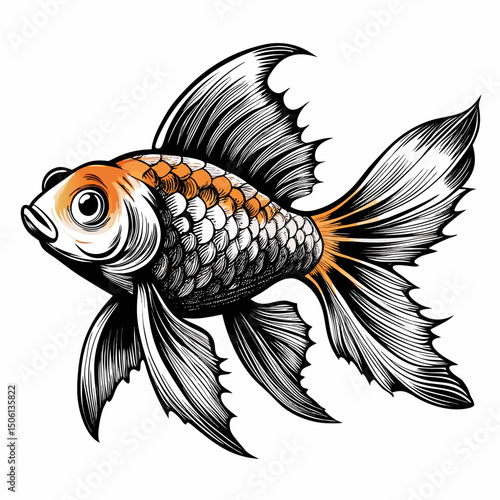Sketch realistic goldfish black and white illustration. Exotic gold fish drawn sketch in doodle style on a white background. Illustrated in vintage hand-drawn style.