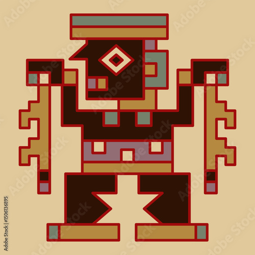 Stylized human figurine. Indigenous Native American art of ancient Peru from Wari or Uari textile.