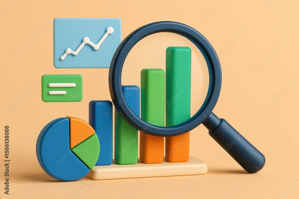 Financial Growth Analysis 3D Render Bar Pie Charts and Magnifying Glass Symbolizing Business Data Research Investment Strategy and Market Trends Concept Financial Growth Analysis 3D Render Bar Pie Charts and Magnifying Glass Symbolizing Business Data Research Investment Strategy and Market Trends Concept