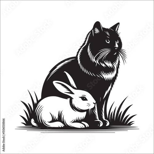 Elegant black cat and white rabbit illustration perfect for pet lovers, animal art, or whimsical designs.