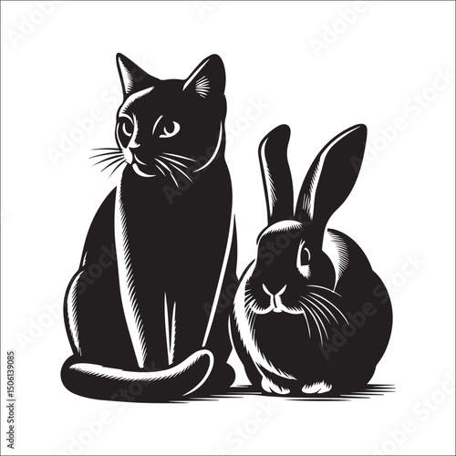 Elegant black cat and white rabbit illustration perfect for pet lovers, animal art, or whimsical designs.