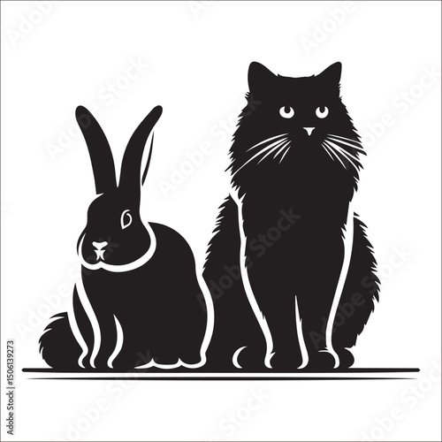 Elegant black cat and white rabbit illustration perfect for pet lovers, animal art, or whimsical designs.