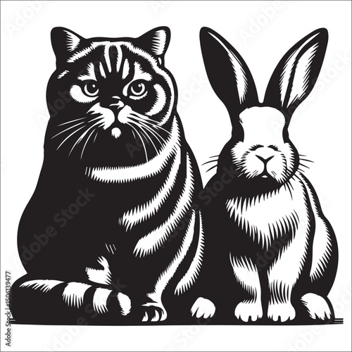 Elegant black cat and white rabbit illustration perfect for pet lovers, animal art, or whimsical designs.