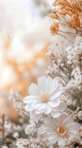 Floral Elegance: A delicate composition of soft, white cosmos flowers, accented with the subtle textures and warm hues, creating a serene and captivating display.