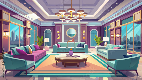 This luxury home interior seamlessly blends the living room and dining room in an elegant open-concept layout. The 3D render showcases refined furnishings, soft lighting, and harmonious color tones th