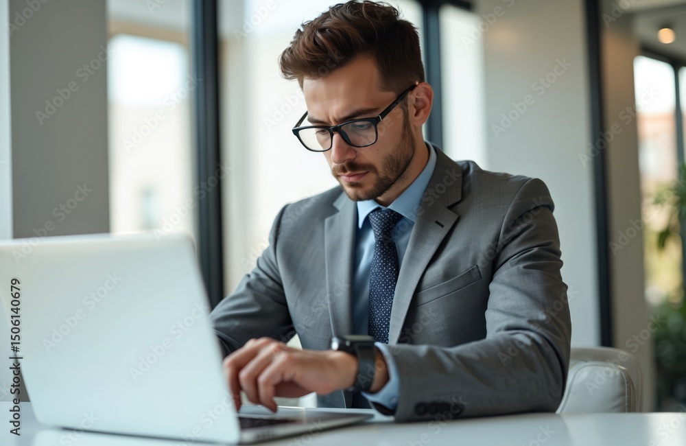 Attractive young businessman in suit checks time on watch working on laptop in modern office. Stylish male entrepreneur focused on online project. Pro office work lifestyle concept. Attractive young businessman in suit checks time on watch working on laptop in modern office. Stylish male entrepreneur focused on online project. Pro office work lifestyle concept.