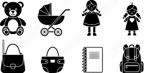 Childcare essentials silhouette icon set – solid style for parenting, baby care, and nursery themes: teddy bear, stroller, doll, diaper, purse, notebook, backpack.