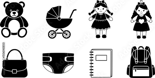Childcare essentials silhouette icon set – solid style for parenting, baby care, and nursery themes: teddy bear, stroller, doll, diaper, purse, notebook, backpack.