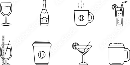 Drink and beverage icon set - solid style with coffee, wine, and cocktail symbols for refreshment and party design: wine glass, champagne bottle, coffee cup, cocktail, mug, soft drink.