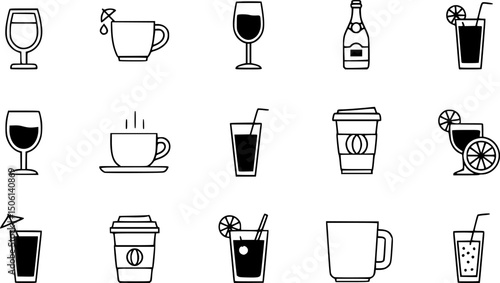 Drink and beverage icon set - solid style with coffee, wine, and cocktail symbols for refreshment and party design: wine glass, champagne bottle, coffee cup, cocktail, mug, soft drink.