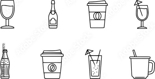 Drink and beverage icon set - solid style with coffee, wine, and cocktail symbols for refreshment and party design: wine glass, champagne bottle, coffee cup, cocktail, mug, soft drink.