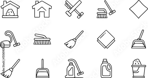 Cleaning and housekeeping solid icon set – flat style home maintenance, janitorial, and sanitation symbols for chores: vacuum, brush, mop, broom, dustpan, cloth, detergent, bucket. 