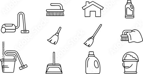 Cleaning and housekeeping solid icon set – flat style home maintenance, janitorial, and sanitation symbols for chores: vacuum, brush, mop, broom, dustpan, cloth, detergent, bucket. 