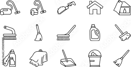 Cleaning and housekeeping solid icon set – flat style home maintenance, janitorial, and sanitation symbols for chores: vacuum, brush, mop, broom, dustpan, cloth, detergent, bucket. 