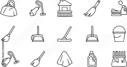 Cleaning and housekeeping solid icon set – flat style home maintenance, janitorial, and sanitation symbols for chores: vacuum, brush, mop, broom, dustpan, cloth, detergent, bucket. 