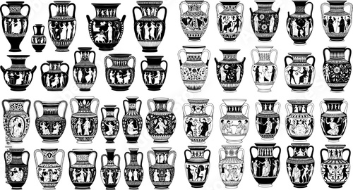 Collection of ancient greek vases with classical designs for artistic and educational purposes