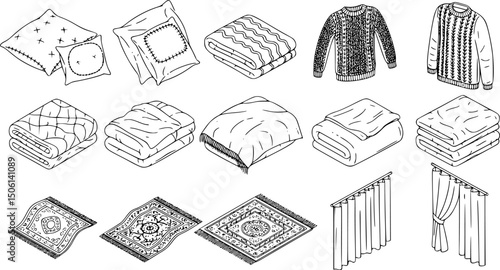 Cozy home textiles icon set - 3d linear style featuring pillows, sweaters, blankets, rugs, curtains