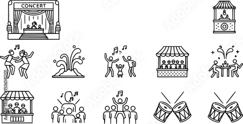 Community festival icon set - solid style icons featuring music, family fun, and outdoor activities: concert stage, dancing, splash pad, market stall, audience, drums.