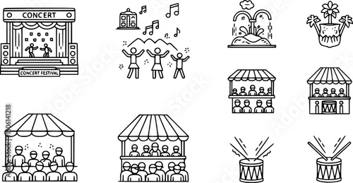 Community festival icon set - solid style icons featuring music, family fun, and outdoor activities: concert stage, dancing, splash pad, market stall, audience, drums.