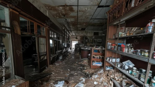 Decaying shelves full of old products are filling a ruined drugstore, showing dereliction and abandonment after closing down, with debris scattered on the floor
