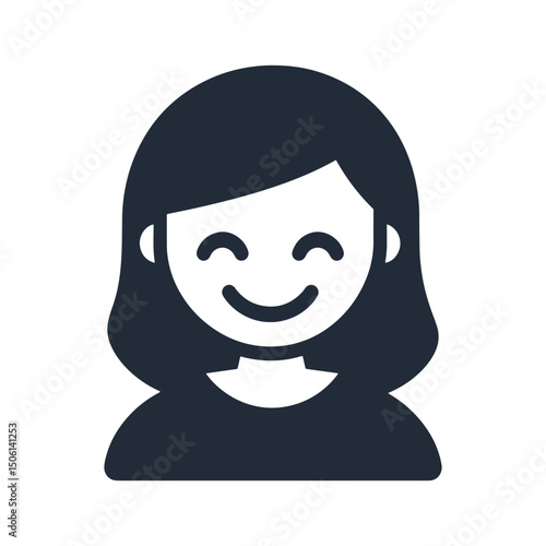 Smiling woman avatar with closed eyes and simple hairstyle, symbolizing happiness, friendliness, and positivity icon