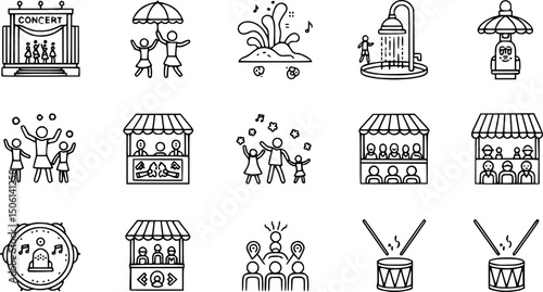Community festival icon set - solid style icons featuring music, family fun, and outdoor activities: concert stage, dancing, splash pad, market stall, audience, drums.