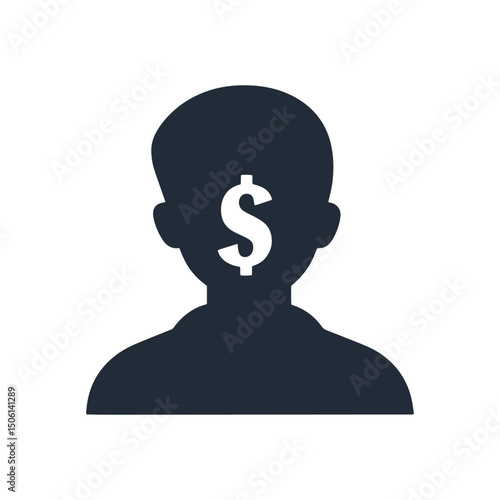 Icon of a person with a dollar sign on the head, symbolizing financial identity, value, and monetary focus