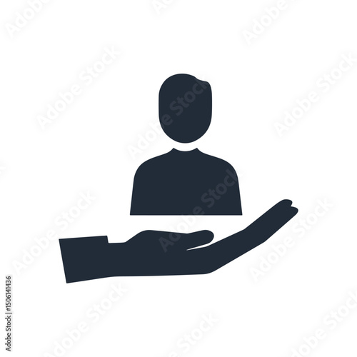 Icon of a person above an extended hand, symbolizing care, support, service, and human protection