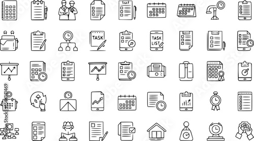 Minimalist linear icon set: task management and time planning essentials