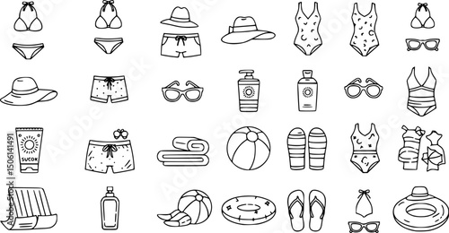 Summer beach essentials icon set: swimwear, accessories, and more in linear style