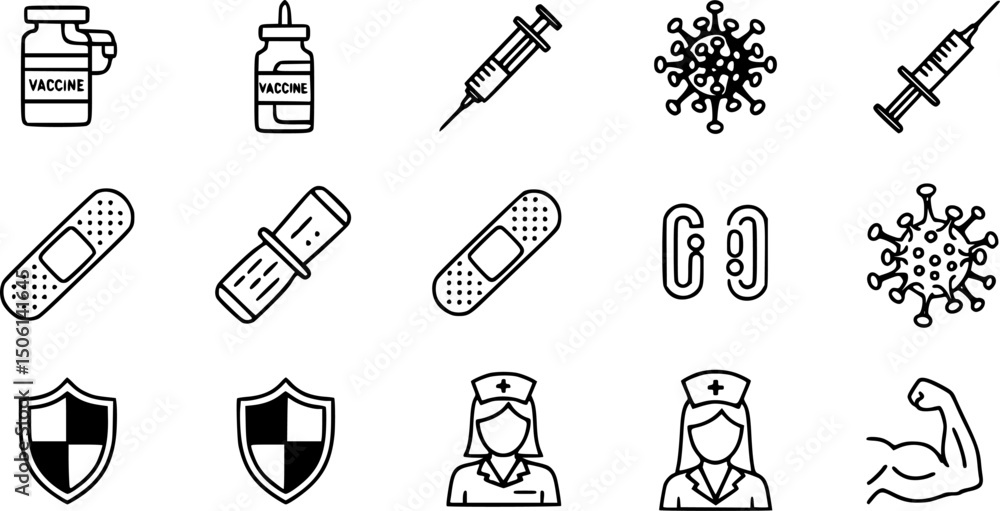Obraz premium Healthcare and vaccination solid icon set – silhouette style medical, wellness, and virus symbols for health education: vaccine vial, syringe, bandage, virus, antibody, nurse, shield, muscle