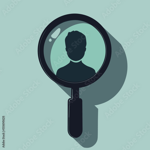 Profile search icon showing a magnifying glass zooming in on a male silhouette, representing targeted recruitment or analysis