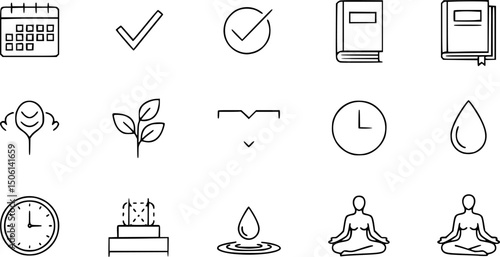 Minimalist linear icon set: calendar, checkmark, book, plant, clock, water drop, meditation
