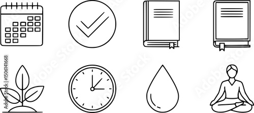 Minimalist linear icon set: calendar, checkmark, book, plant, clock, water drop, meditation