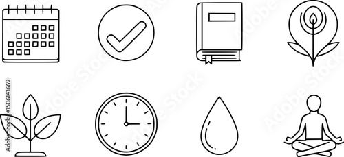 Minimalist linear icon set: calendar, checkmark, book, plant, clock, water drop, meditation