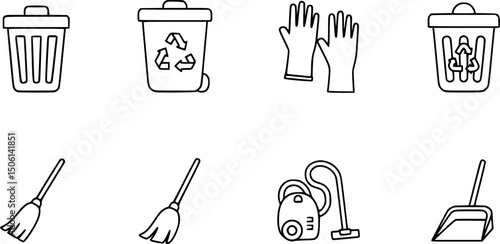 Cleaning and sanitation solid icon set – silhouette style hygiene, waste management, and janitorial symbols for household and office: trash bin, recycle, gloves, broom, vacuum, dustpan