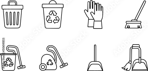 Cleaning and sanitation solid icon set – silhouette style hygiene, waste management, and janitorial symbols for household and office: trash bin, recycle, gloves, broom, vacuum, dustpan