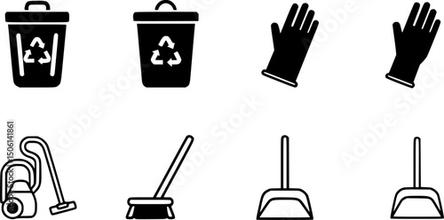 Cleaning and sanitation solid icon set – silhouette style hygiene, waste management, and janitorial symbols for household and office: trash bin, recycle, gloves, broom, vacuum, dustpan
