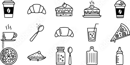 Café and bakery solid icon set – filled style coffee shop, pastry, and breakfast symbols for menu design: coffee cup, croissant, cake, pizza, juice, spoon, board, baby bottle.