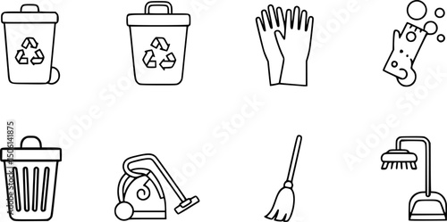 Cleaning and sanitation solid icon set – silhouette style hygiene, waste management, and janitorial symbols for household and office: trash bin, recycle, gloves, broom, vacuum, dustpan