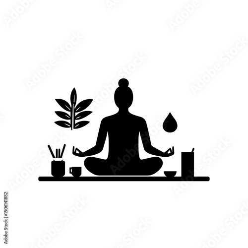 Meditation icon of a person sitting cross-legged with plants and candles, representing calm, wellness, and mindfulness
