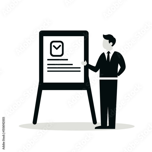 Businessman pointing to a flip chart with a checkmark icon, representing task completion, approval, checklist, productivity, or achievement in the workplace