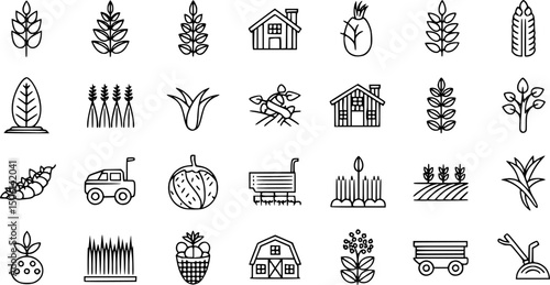 Agriculture and farming line icons set – outline, harvest, crops and cultivation symbols