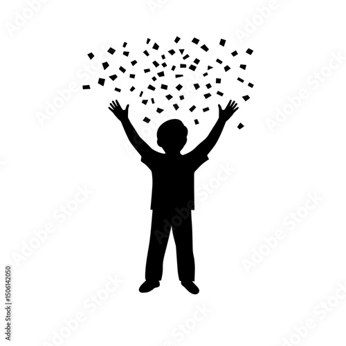 Silhouette of a person with raised arms and confetti, ideal for representing joy, achievement, celebration, party, and emotional success
