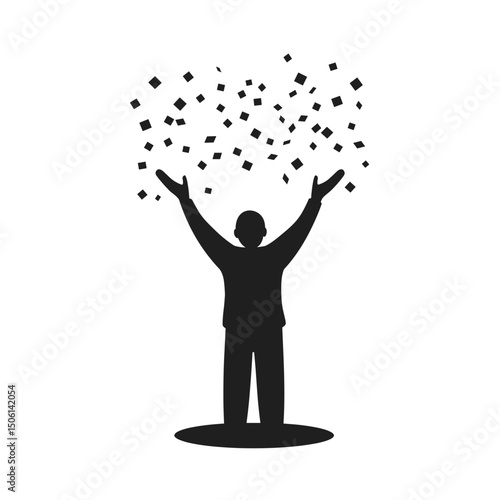 Silhouette of a person celebrating with confetti, representing success, achievement, celebration, joy, or a festive occasion in business or personal contexts