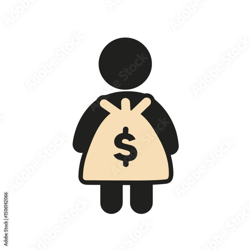 Simplified person holding a large sack of money, ideal for depicting investment, financial security, business profit, economic gain, or savings concept