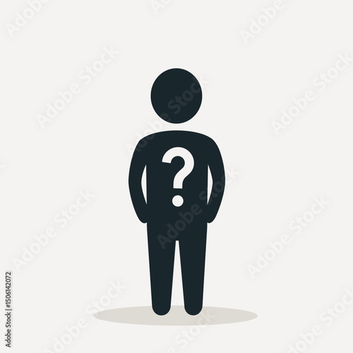 Standing figure with a question mark on the torso, ideal for illustrating unknown person, identity, search, mystery, inquiry, support, or missing individual